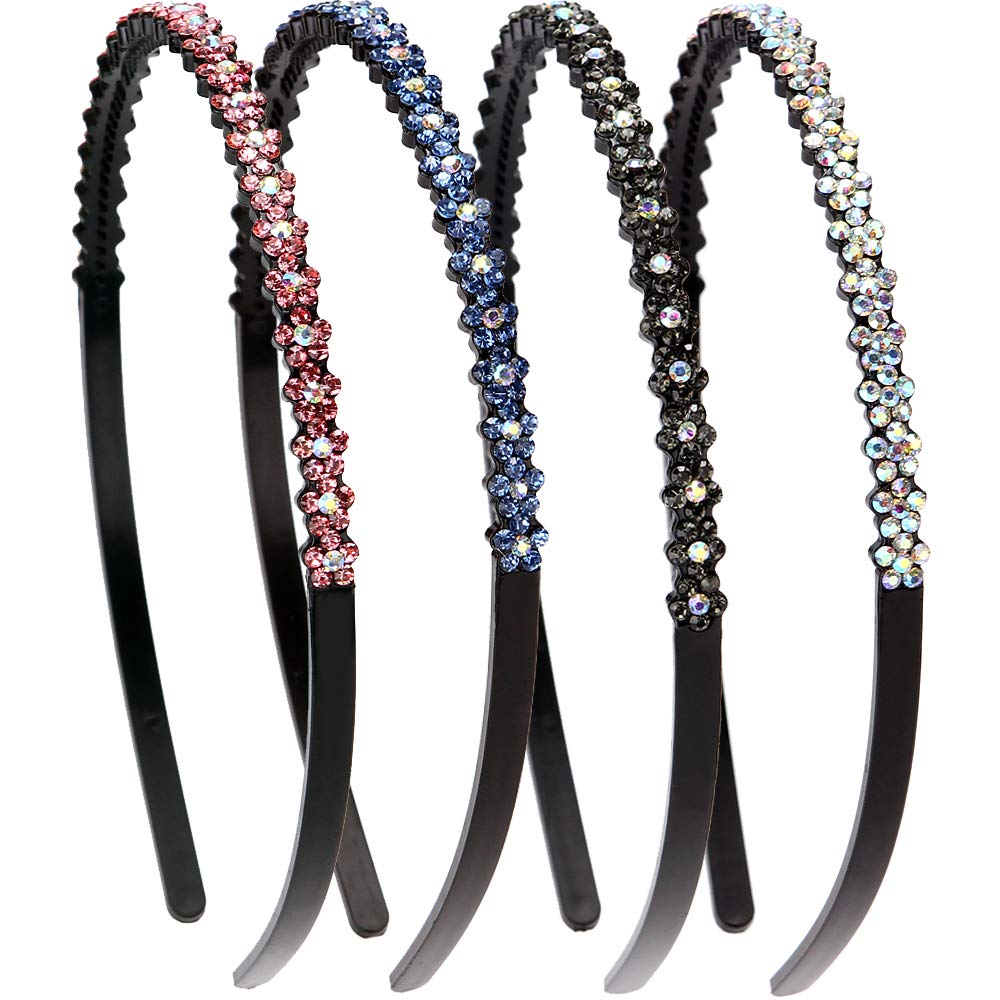LONEEDY 4 Pack Fashion Rhinestone and Crystal Hard Headbands, Nonslip