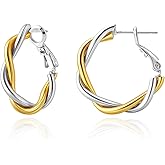 Hypoallergenic Gold and Silver Hoop Earrings for Women, Lightweight Twisted Designed, Mixed Metal with 925 Sterling Silver Post