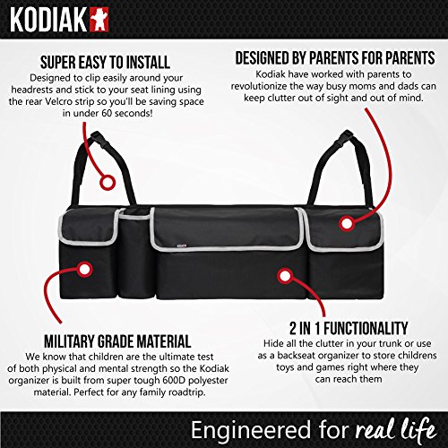 2 in 1 Trunk and Backseat Organizer by Kodiak - Space Saving, High Capacity Auto Back Seat and Trunk Storage - Heavy Duty Design, Fits Any Car or SUV Using Fully Adjustable Straps Automotive, Interior Accessories, Consoles & Organizers, Trunk Organizers