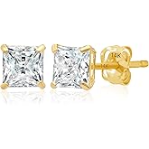 14K Gold Princess Cut CZ Stud Earrings for Women & Men | Anti Tarnishing Cubic Zirconia Earrings Studs with 14K Gold Butterfly Backs | 4MM 5MM 6MM 7MM CZ Gold Earrings by MAX + STONE