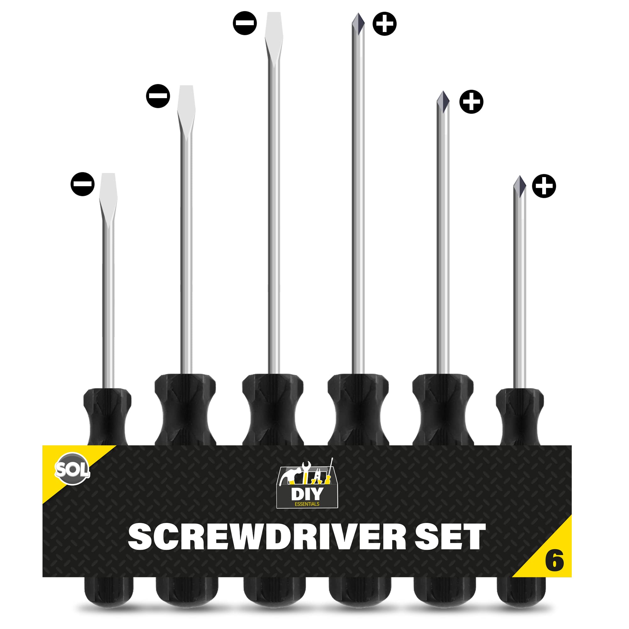 SOL 6pk Screwdriver Set Flat Head Phillips 3.4mm and 4.5mm Tips Magnetic Precision Tools Comfortable Grip Handles for DIY Repairs Home Maintenance Furniture Assembly Workshop Use