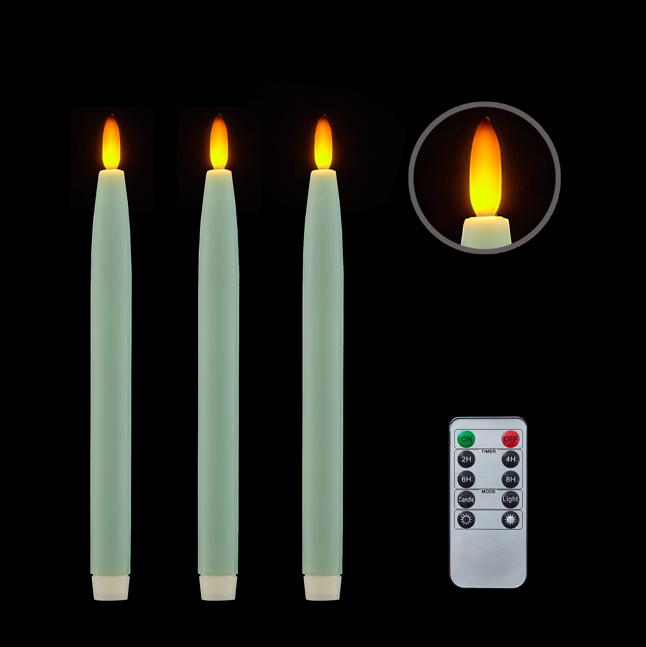 Photo 1 of HVTDECOR Flameless Taper Candles Battery Operated with Timer and Remote, LED Real Wax Tapered Dinner Candle, Window Candle Set of 3. Centerpieces for Dining, Table, Christmas, Wedding (Green)