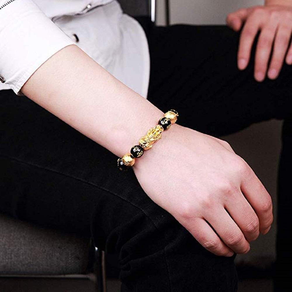 Goldenlight 2 Pcs Pi Xiu Bracelet Feng Shui Black Obsidian Wealth Bracelet for Women Men Adjustable Elastic: Clothing