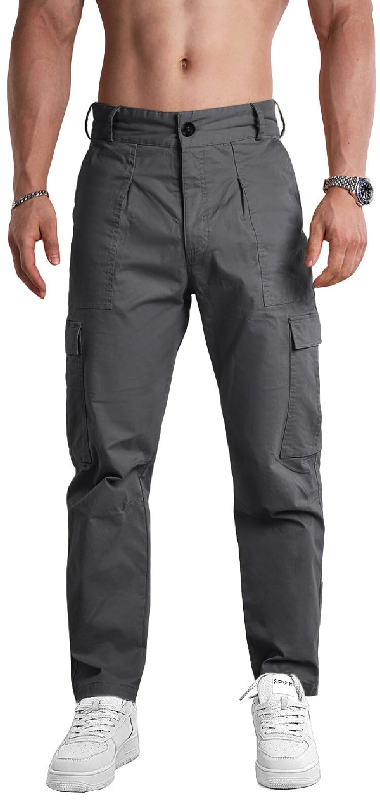 Photo 1 of AIFARLD Mens Casual Cargo Pants Relaxed Fit Cotton Work Jogger Sports Outdoor Trousers with Pockets Grey (size unknown)