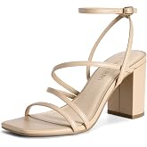 DREAM PAIRS Women's Chunky Heel Sandal | sleek thin straps square-toe design,3.15 inch chunky block ankle buckle heeled sandals,for wedding party dress prom