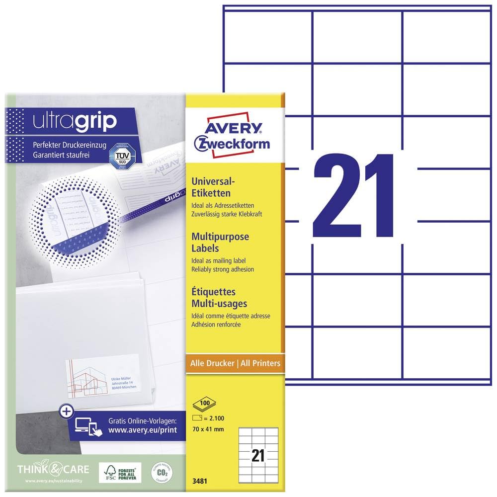 Avery Zweckform 3481 Multi-Purpose Labels Suitable for Deutsche Post Internetmarke 70 x 41 mm Pack of 100 Sheets with 2.100 Labels White — image 1