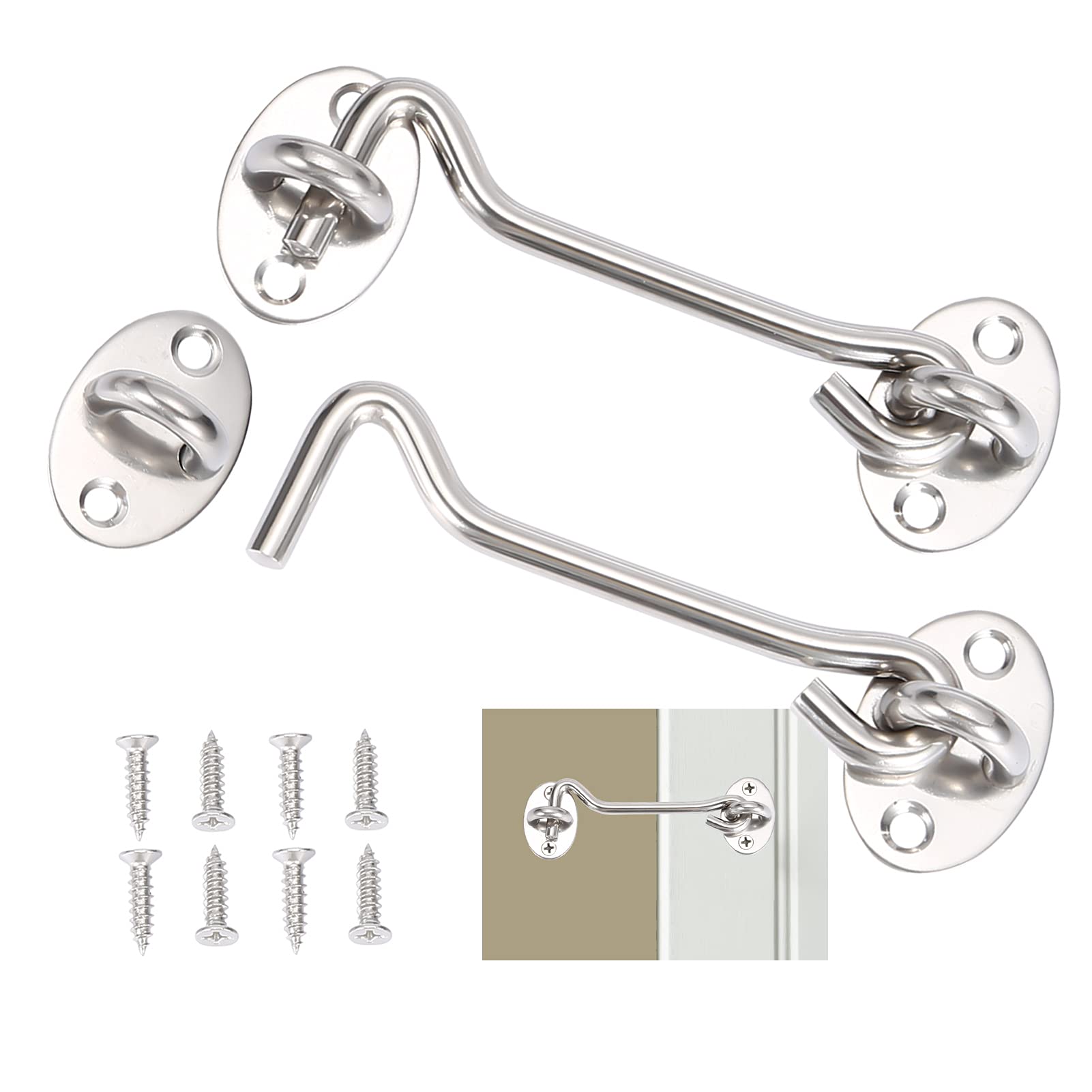 2 Pcs Stainless Steel Cabin Hook and Eye Latch, Gate Lock, Barn Door Swivel Window Lock With Mounting Screws for Shed, Garage Door (4 Inch)