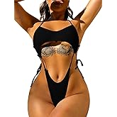 ChiaoLezhee One Piece Swimsuit, Sexy High Cut Monokini, Rave Outfits, Tan Through Swimwear Slingshot Cutout Thong Tie Bikini