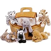 Plush Noah's Ark with Animals - Six (6) Stuffed Animals (Lion, Zebra, Tiger, Giraffe, Elephant, and White Tiger) in Play Ark 