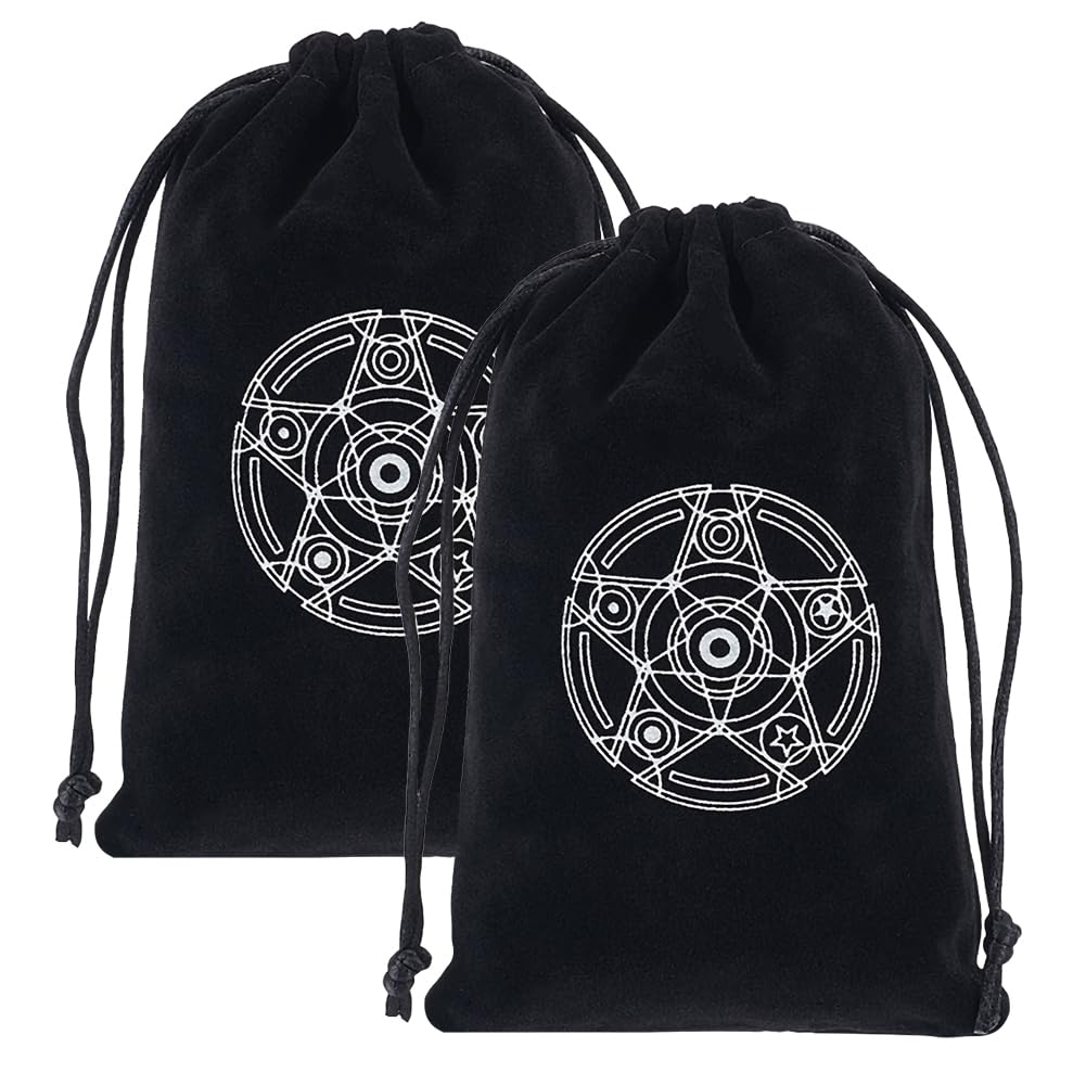CREATCABIN 2Pcs Black Tarot Storage Bag Velvet Drawstring Packing Pouches Pentagram Gift Bag Protective for Witch Tarot Dice Card Jewelry Crystal Fortune Telling Card Pouch Halloween 7.1x4.7Inch