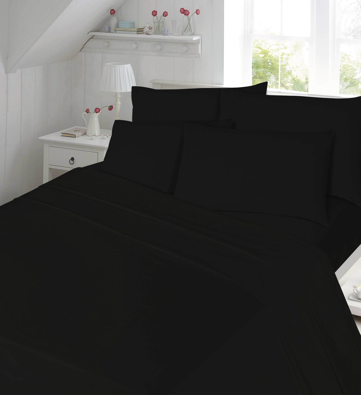 LC Thermal flannelette 100% brushed cotton flat sheet plain luxury (BLACK, DOUBLE)