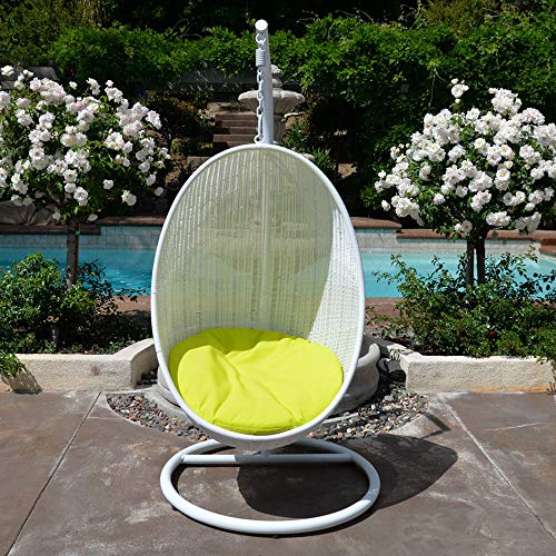 MH GLOBAL Outdoor/Indoor White Neon Yellow Egg Shape Wicker Swing Bed Chair Hanging Hammock
