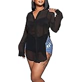 Womens Sheer Button Up Blouse Sexy Long Sleeve Mesh See Through Shirts Tops