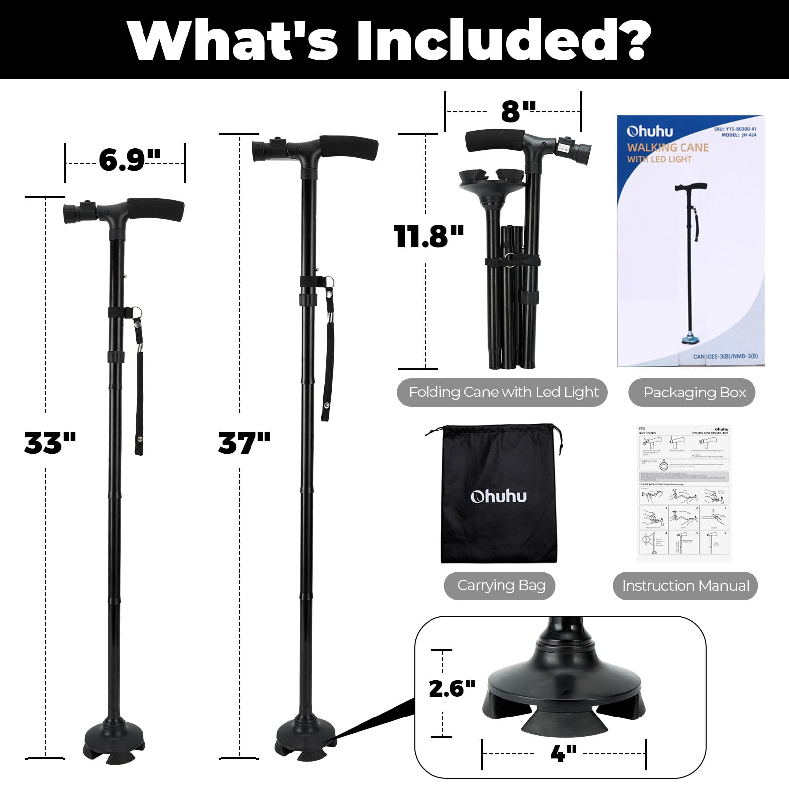 Walking Cane for Men Women: Ohuhu Walking Canes with LED Light Folding Walking Stick Adjustable Free Standing Canes with Wrist Strap Travel Bag for Seniors Adults