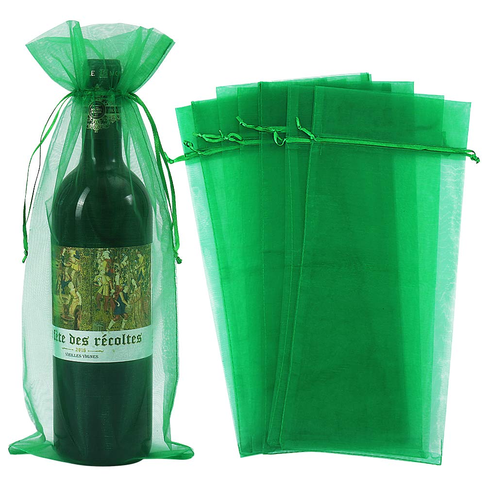 30pcs Organza Wine Bags, Sheer Mesh Wine Gift Pouches Bottle Covers Dresses Drawstring for Christmas (Green)