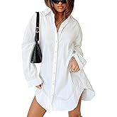 DREFBUFY Women's Casual Shirt Dress Collar V Neck Button Down Loose Long Sleeve High Low Hem Mini Dresses