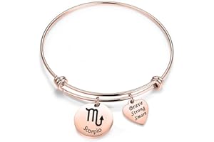 bobauna Rose Gold 12 Zodiac Signs Stainless Steel Expandable Wire Bangle Bracelet Birthday Gift for Her