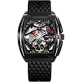 CIGA Design Z Series Automatic Mechanical Watch, Luxury Skeleton Wristwatch Tonneau with Silicone Strap Stainless Steel Business Dress Waterproof Timepiece Gifts for Men and Women