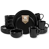 EWFEN 16-Piece Ceramic Dinnerware Sets with Mugs for 4, Black Plates and Bowls Set with Classic Design, Scratch Resistant Dishes Set, Dishwasher & Microwave Safe