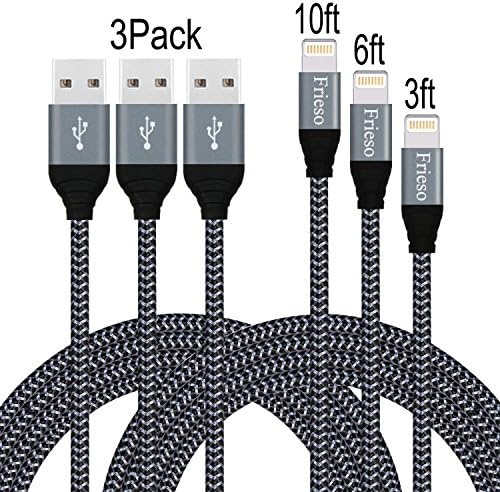Frieso (3+6+10)ft Nylon Braided Lightning to USB Charging Cable for iPhone 8,8plus, iPhone X, iPhone 7,7plus 6s 6 Plus 5s 5c 5,SE,iPad(Gray Black)