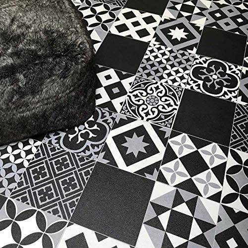 Victorian Tile Effect Sheet Vinyl Flooring Black Grey White