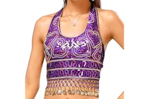 GRAEEN Belly Dance Sequin Crop Top Coin Tassel Rave Carnival Costume Bra Tops for Women