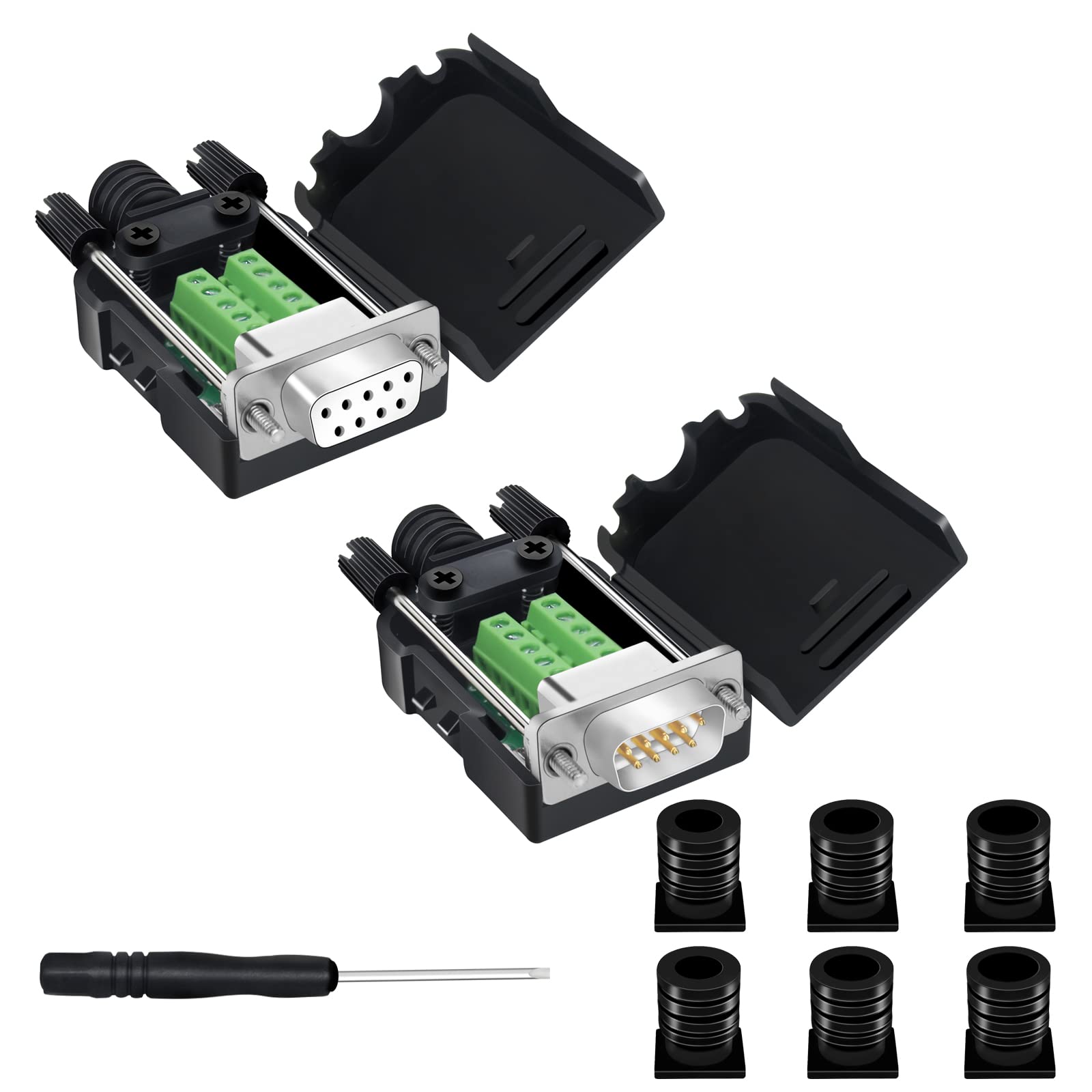 YIOVVOM DB9 Breakout Connector,DB9 Solderless RS232 D-SUB Male and Female Serial Adapters 9-Pin Port White Adapter to Terminal Connector Signal Module with case Set of 2
