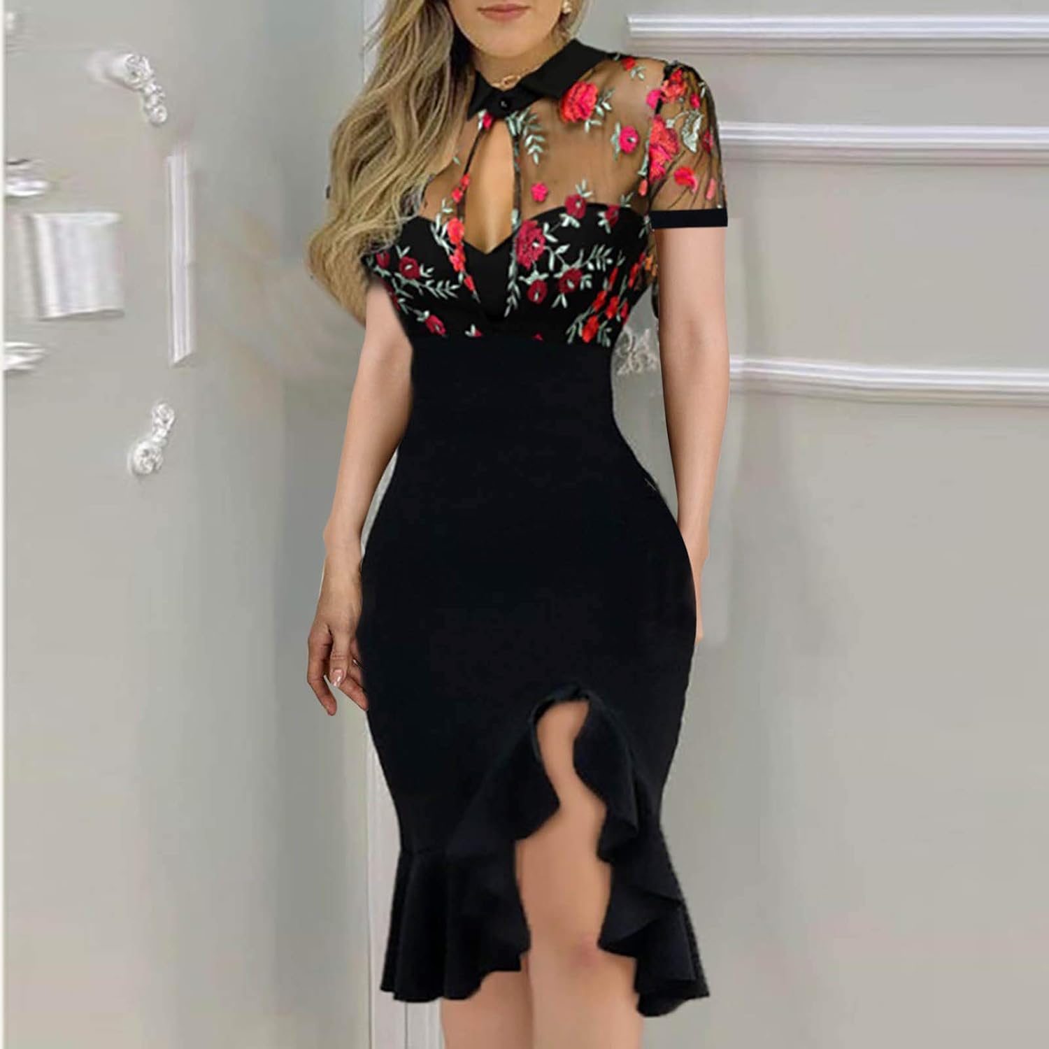 Women Slit Ruffles Hem Embroidery Lace Floral Pattern Short Sleeve Slimming Sexy Elegant Casual Party Night Club Dress at  Women’s Clothing store