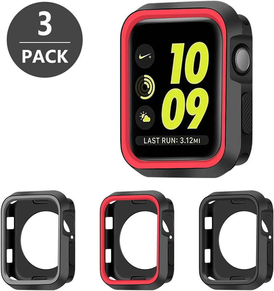 SYOSIN 3-PACK Compatible with Apple Watch Case 38mm Silicone Protective Cover Shockproof Black Bumper for iWatch Series 3 / Series 2 / Series 1