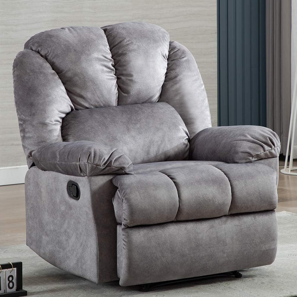 Fabric Recliner Chair, Bonzy Home Small Reclining Chair Living Room Sofa Chair with Manual Pull Short Plush Comfortable Recliner Chair for Bedroom Theater Room (Grey)