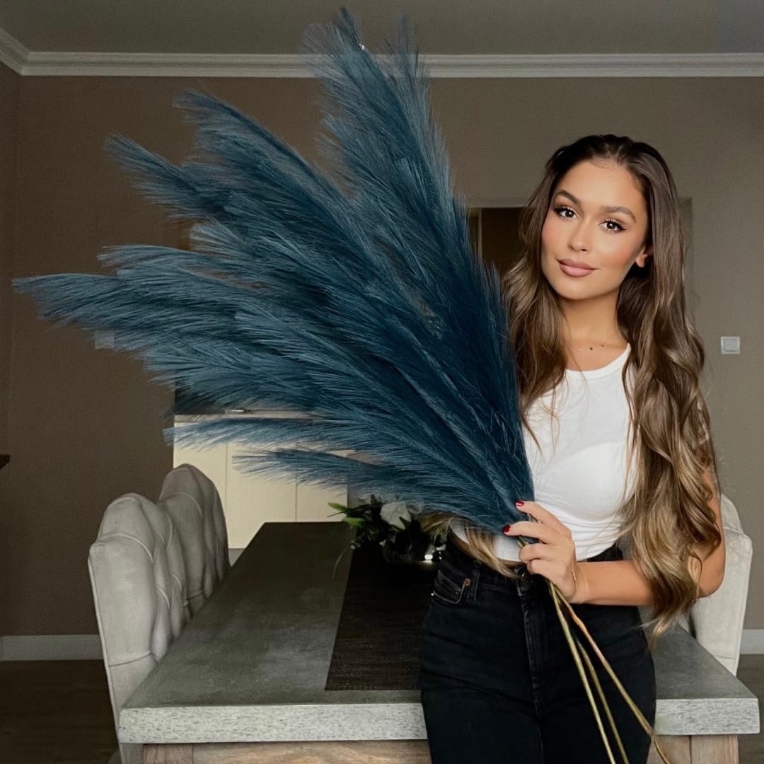 VOULUX Extra Large Tall Dark Blue Fake Faux Artificial Pampas Grass Large Fluffy x3 115cm Stems x18 Decorative Artificial Flora Feathers For Floor Vases Tall Blue Plant Flowers Long Pampas Grass