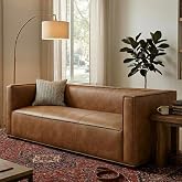 CHERS 83 Inch No Assembly Required Sofa, Mid Century Modern Faux Leather Couch, One Piece 3 Seater Sofa for Living Room, Pet Friendly Scratch Resistant Settee, Light Chestnut