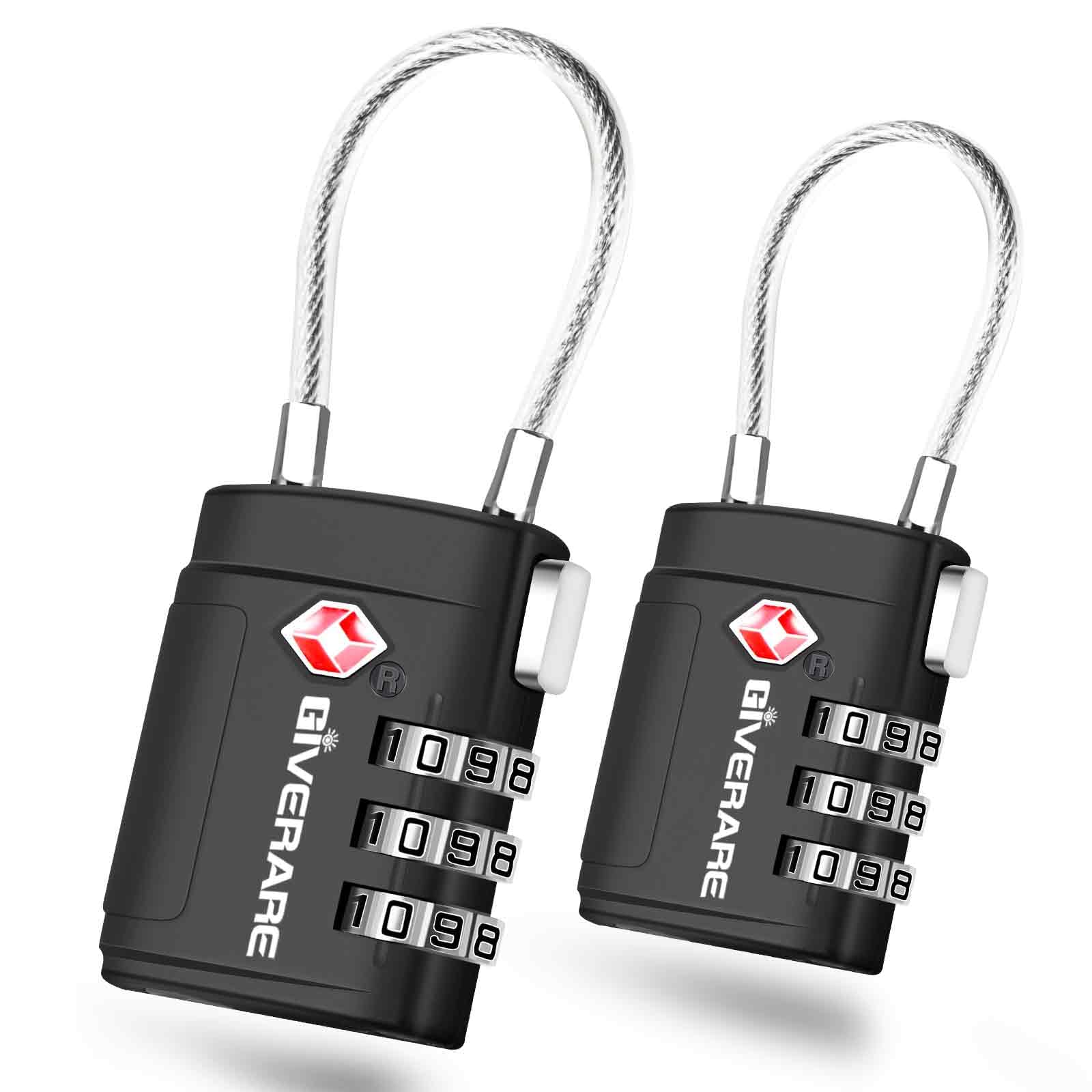 Photo 1 of 2 Pack TSA Approved Luggage Locks, Cable Travel Lock Alloy, Set Your Own Combination Metal Suitcase Zipper Padlock, 3-Digit Long Shackle Padlocks for Gym Locker, Golf Bag, Case Anti Theft-Black