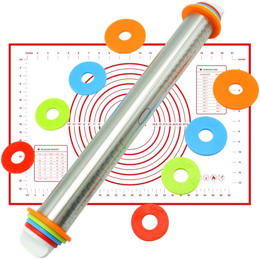 Adjustable Rolling Pins for Baking with Thickness Rings and FREE Pastry Mat Dough Roller for Bakery Dough Pizza Pie Chapati Fondant Crust Pasta, 17 inch STAINLESS STEEL ROLLER PIN BAKING