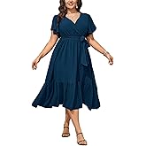 SCOMCHIC Womens Plus Size Wedding Guest Dresses Summer Wrap V Neck Short Sleeve Belted Ruffle Hem A-Line Flowy Maxi Dress