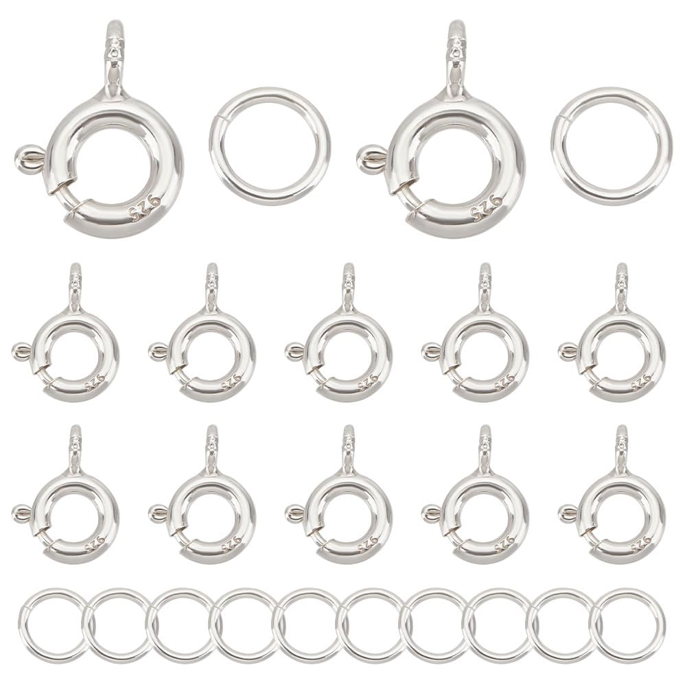 CREATCABIN 12Pcs 925 Sterling Silver Spring Clasps Round Open Spring Clasp Ring Smooth Findings with 12Pcs Open Jump Rings Jewelry Connectors for DIY Necklaces Bracelet Jewelry Making 9 x 6mm