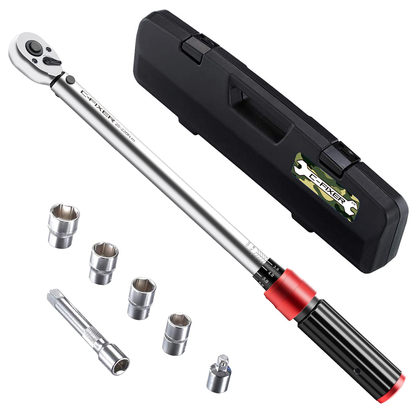 トルクレンチ プレセット型 車/バイク修理レンチ 差込角12.7mm(1/2インチ) 20-220N・m タイヤ交換 17/19/21/24mm 3/8変換ソケット付き ソケットレンチ ケース付き の商品画像