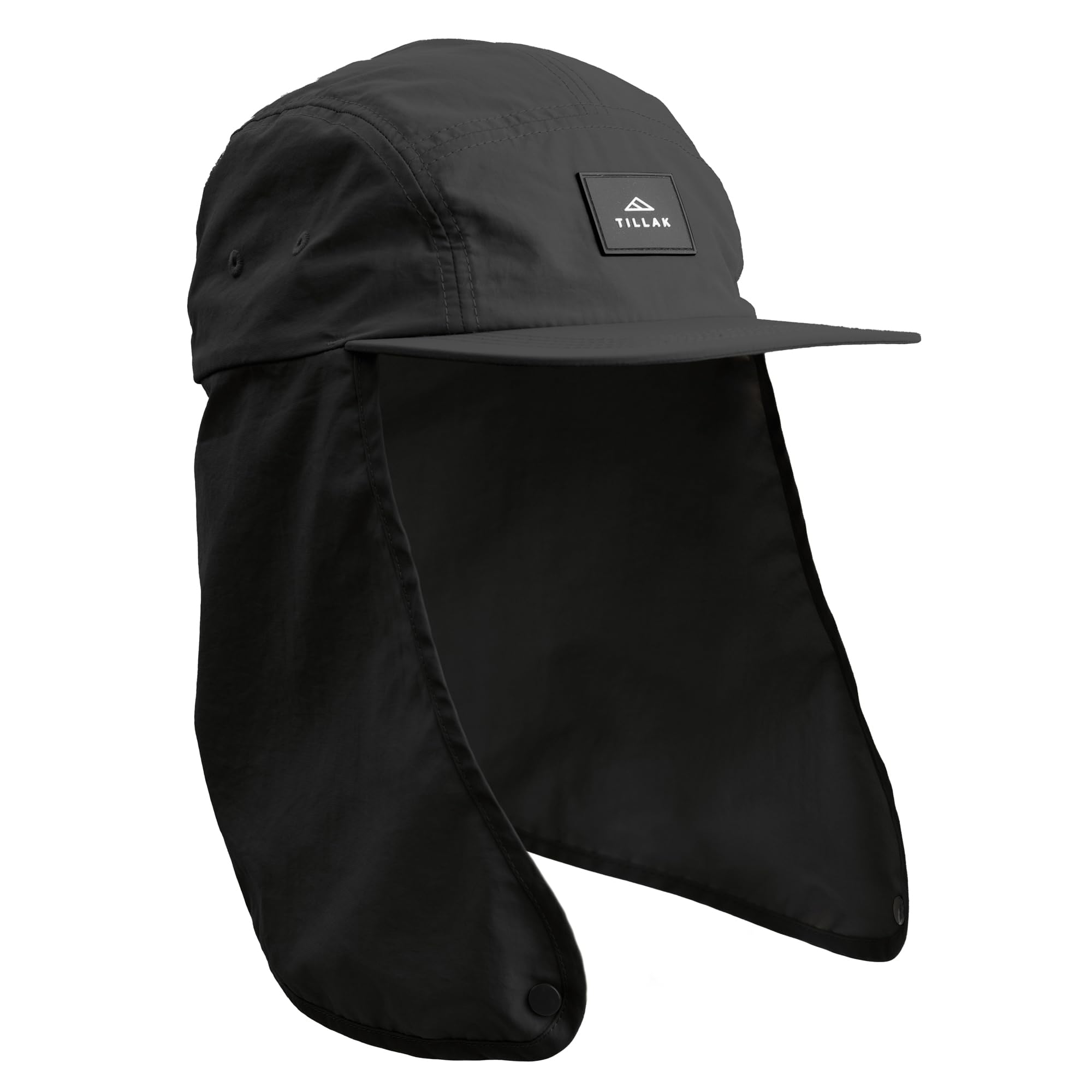 Photo 1 of Tillak Chamisa Sun Hat, Lightweight Nylon 5 Panel Cap with Hide-able Neck Shade and Spring Cord (Black)
