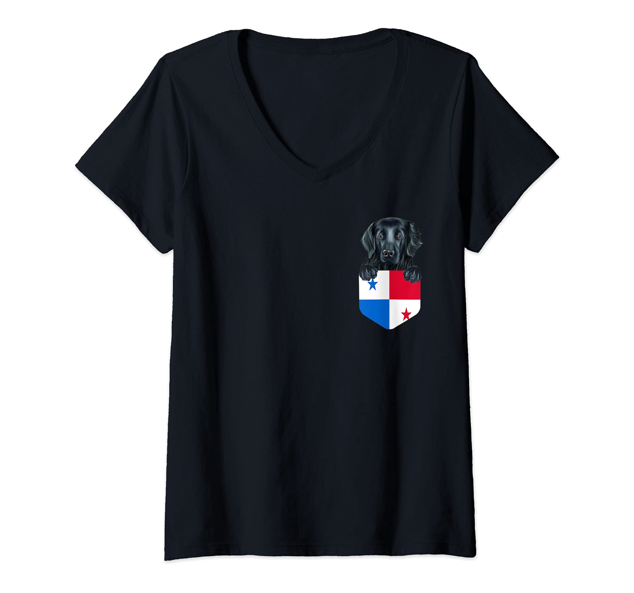 Womens Panama Flag Flat-Coated Retriever Dog In Pocket V-Neck T-Shirt