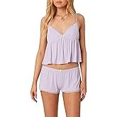 Women's Summer Lounge Set Sleeveless V Neck Cami Babydoll Crop Tops Lace Trim Low Rise Shorts Sleepwear