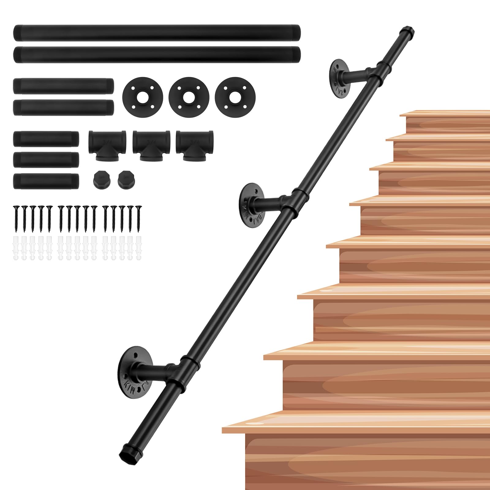 Yuhtech Banister Handrails for Stairs, 1.25m Metal Stairs Handrail, Wall Balustrade Handrail Banister Stair Railing, Non-Slip Handrails for Indoor Outdoor Steps