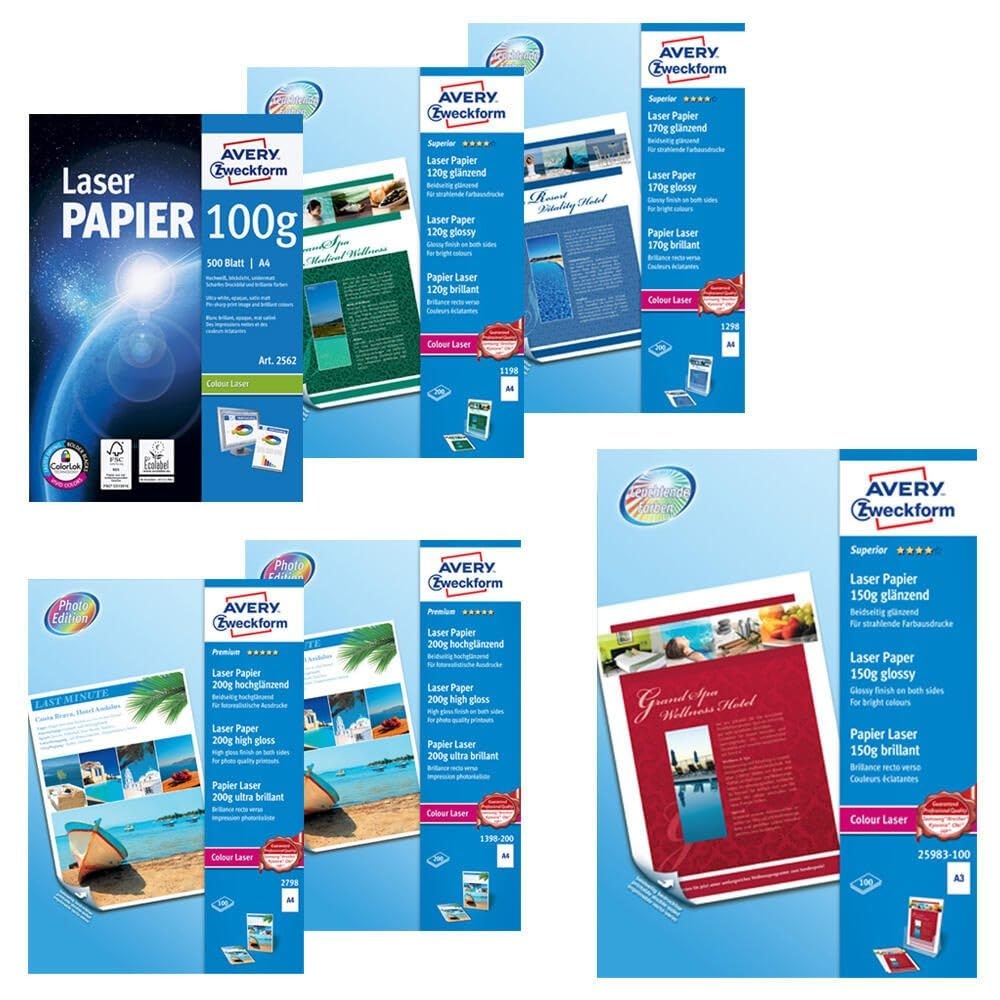 Avery Zweckform 1198 Photo Paper A4 Printable Both Sides 120 g for Colour Laser Printers Pack of 200 Sheets