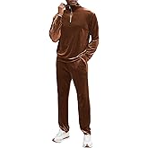 LecGee Men's 2 Piece Long Sleeve Tracksuit Velvet Quarter Zip Shirt Elastic Pant Velour Fall Casual Outfit Sweatsuit Set