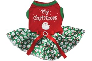 Petitebella My Christmas Santa Claus Puppy Dog Dress (Red/Green Santas, X-Small)