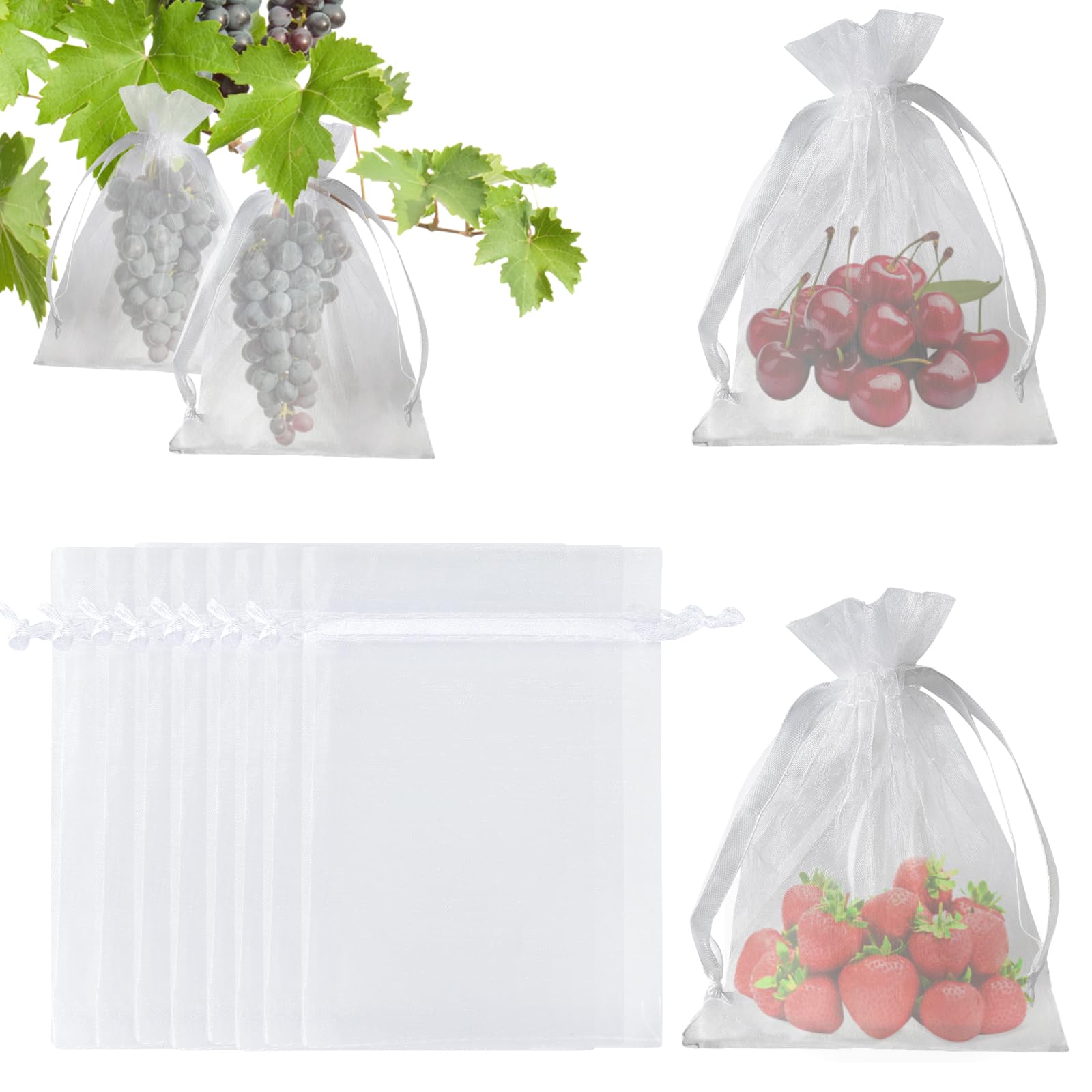 KINGLAKE 50Pcs Fruit Protection Bags, 10x15cm White Organza Gift Bags Medium, Garden Plant Protect Insects Barrier Mesh Net for Fruits Tree Strawberry Plum Vegetables