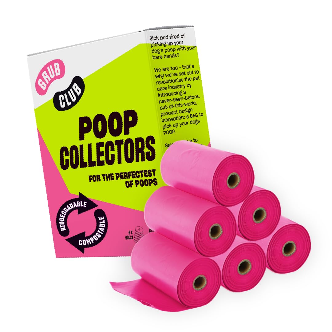 Grub Club Eco Dog Poo Bags - 6 Rolls, 90 Bags | Extra Thick & Strong, 100% Leak Proof Waste Bags for Dogs | Biodegradable & Compostable | Pink
