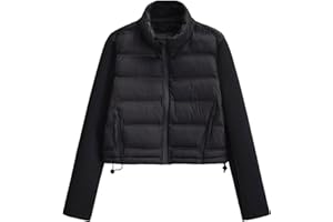 Ynhonra Womens Long Sleeve Patchwork Puffer Jacket Quilted Crew Neck Zip Up Coat with Pockets