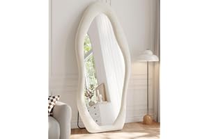 FlyEcho Full Length Mirror, 63"x24" Full Body Mirrors, Flannel Floor Mirrors with Stand, Irregular Wavy Mirror Hanging or Leaning Against Wall for Bedroom Living Room, Beige