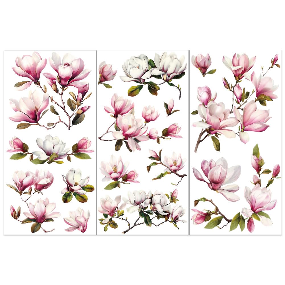 OLYCRAFT 3pcs/Set Magnolia Rub on Transfers for Furniture and Crafts 15x30cm Flower Decor Transfer Stickers Vintage Floral Rub on Decals for Wood Furniture Scrapbooking Home Decorations