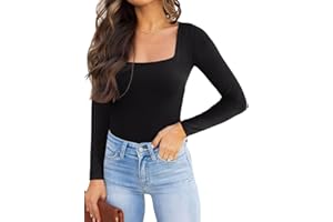 REORIA Womens Basic Sexy Square Neck Double Lined Long Sleeve Bodysuit Tops Jumpsuits